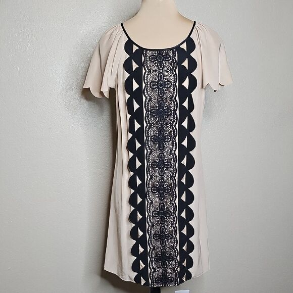 Frock By Tracy Reese Small 100% Silk Beige and Black Scalloped Trim  Dress - Picture 1 of 8
